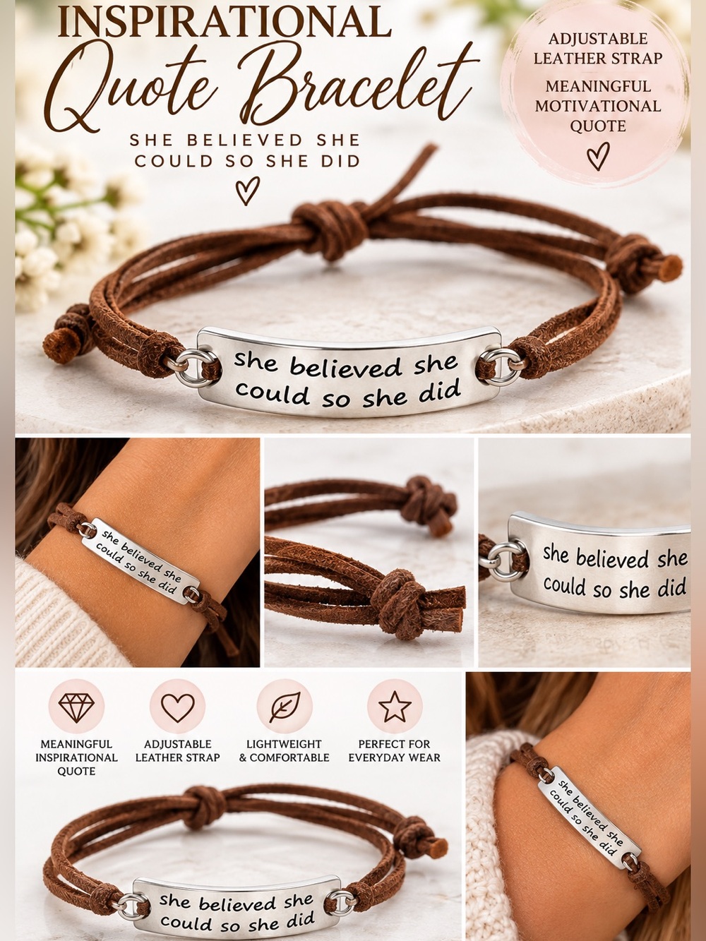 Inspirational “She Believed She Could So She Did” Leather Bracelet